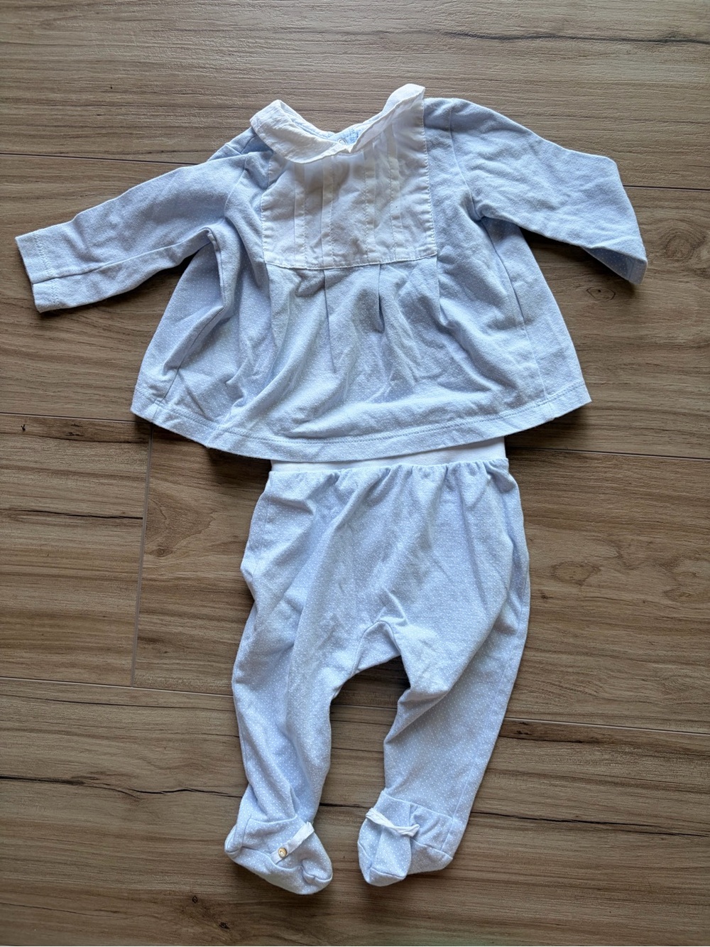 Laranjinha Baby 6M Blue White 2 Piece Peter Pan Collar Footed Set